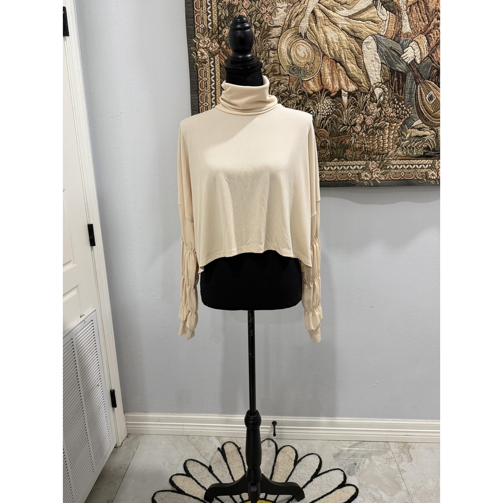 Shein Sweater Womens XS‎ Beige Cropped Turtleneck Ribbed Ruched Long Sleeve Top